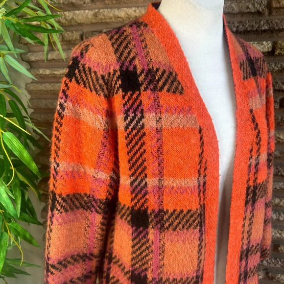 Lucky BRAND Women's Brushed Orange Plaid Duster Open Drape Cardigan Sweater - Picture 5 of 9